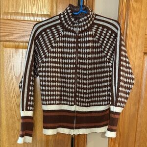 Chic Brown and Cream Women's Knit Cardigan Zip Warm Sweater Size Medium